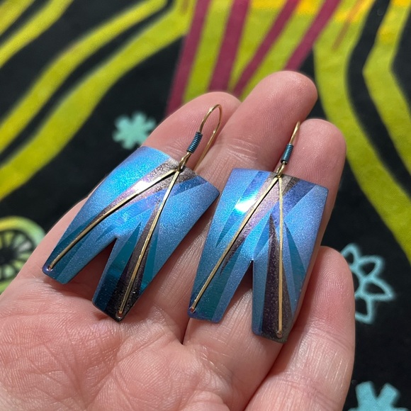 VTG 90’s Coastal Signed Holly Yashi Niobium Dangle Blue Pierced Earrings - Picture 3 of 5